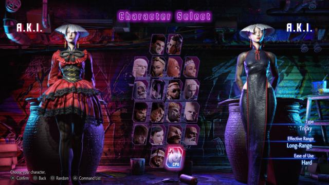 A screenshot of the Street Fighter 6 character select screen with A.K.I. in her Costume 2 on the left and her Costume 1 on the right.
