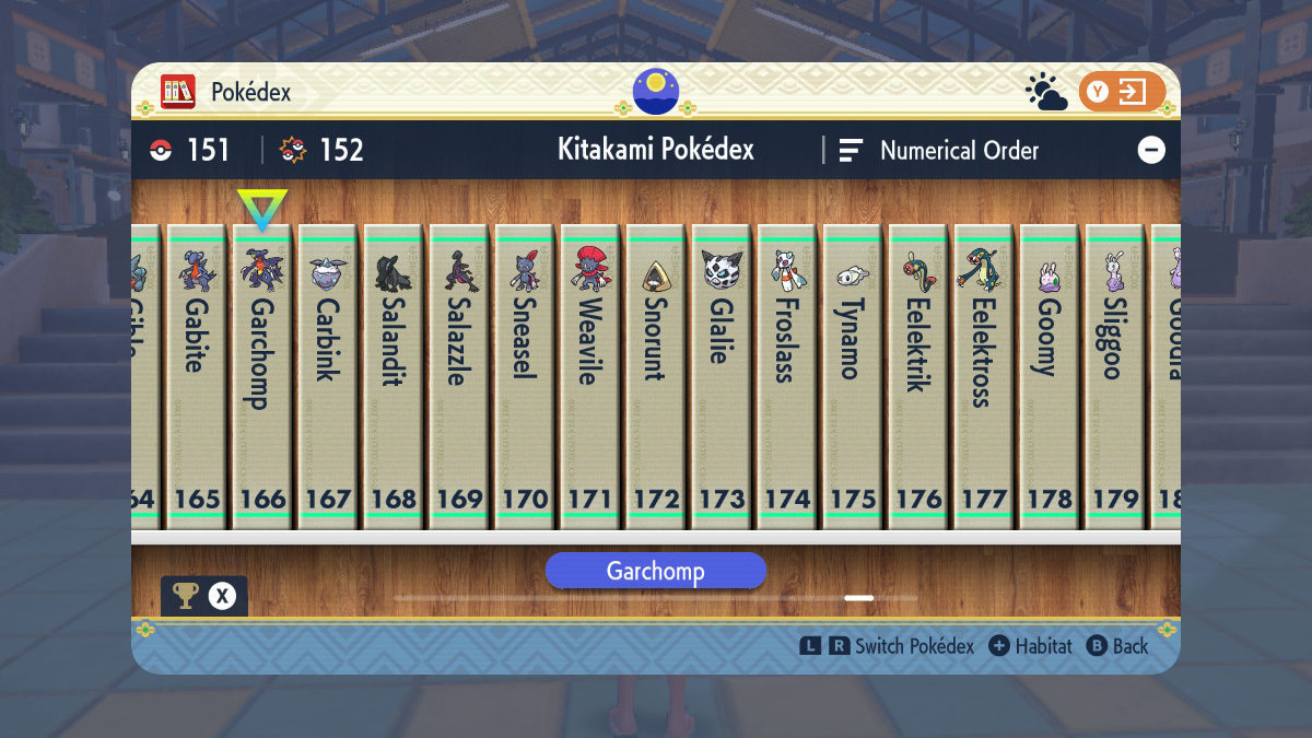A screenshot of the Kitakami Pokédex in Pokémon Scarlet and Violet: The Teal Mask.