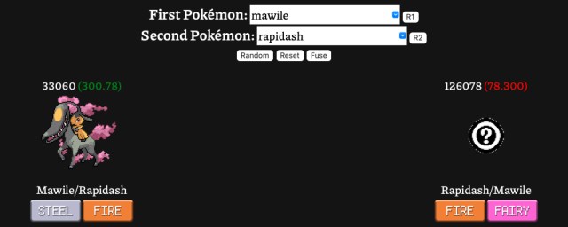 A screenshot of the Pokemon Infinite Fusion Generator. Mawile is selected as the first Pokemon, and Rapidash is selected as the second Pokemon. The generation on the left, "Mawile/Rapidash," has a unique sprite, while the generation on the right, "Rapidash/Mawile," has failed and only has a question mark graphic.