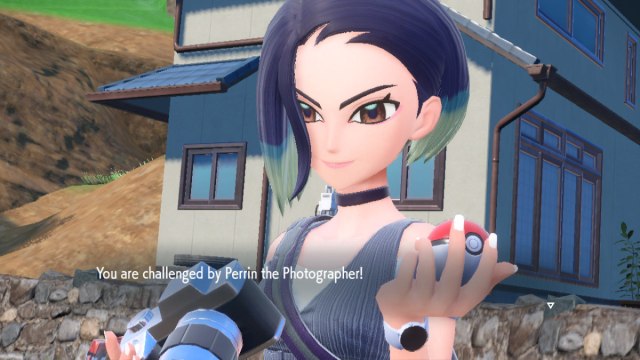 A screenshot of Perrin the Photographer challenging the player to a battle in Pokémon Scarlet and Violet: The Teal Mask.