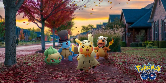 An image of Bulbasaur, Squirtle, Pikachu, and Charmander in Halloween costumes in Pokémon GO.