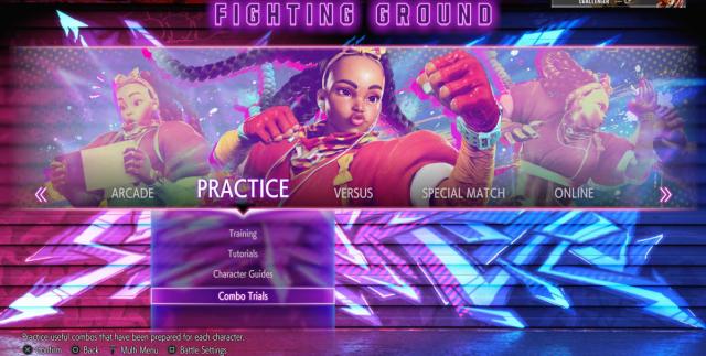 A screenshot of the Practice Menu in Street Fighter 6, with Combo Trials highlighted.