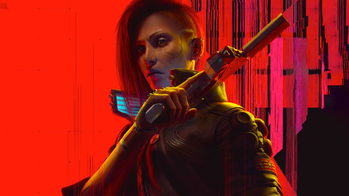 Cyberpunk 2077 promo art of V holding a pistol against a red background.