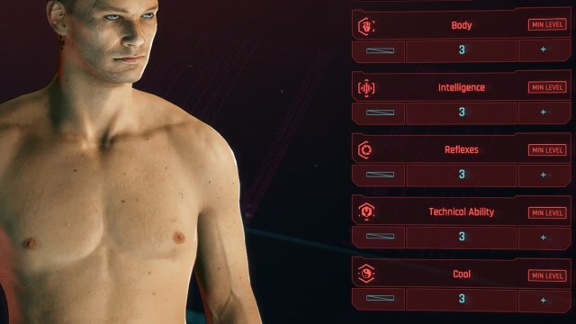 Cyberpunk 2077 screenshot of all Attribute Points next to a shirtless male V in the Character Creator.