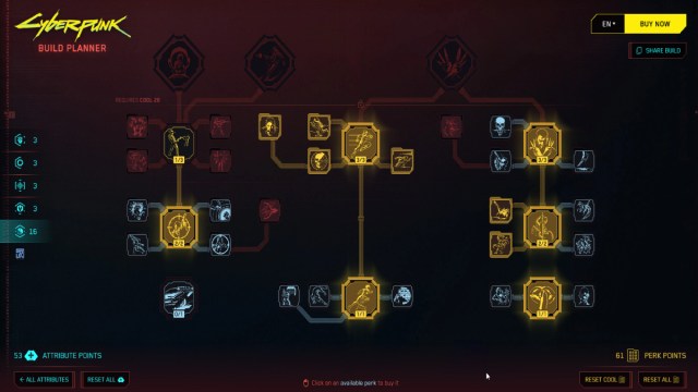 Cyberpunk 2077 screenshot of the build planner perk menu for the cool attribute.