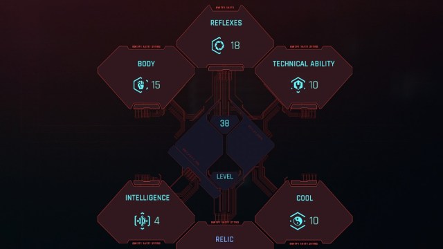Cyberpunk 2077 screenshot of the attribute points skill tree.