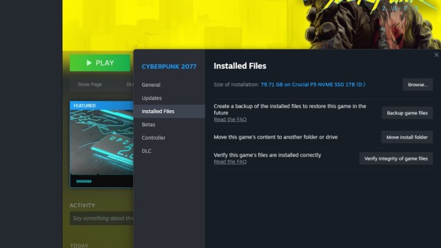 Screenshot of Cyberpunk 2077 installed Game Files