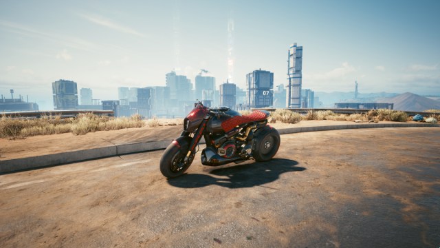 A screenshot of the Jackie's Arch motorcycle in Cyberpunk 2077.