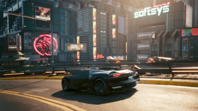 A screenshot of the Rayfield Caliburn car in Cyberpunk 2077.