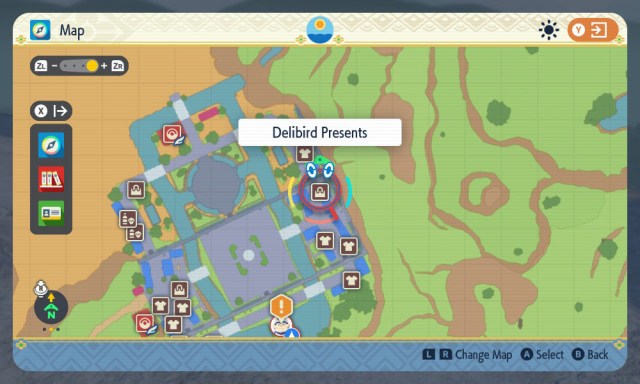 A map showing the location of Delibird Presents in Cascarrafa in Pokémon Scarlet and Violet.