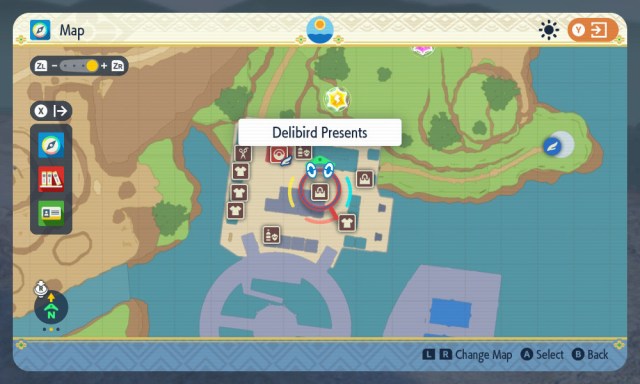 A map showing the location of Delibird Presents in Levincia in Pokémon Scarlet and Violet.