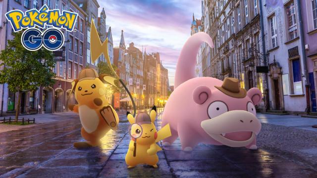 An image of Detective Pikachu, Detective Raichu, and Cowboy Hat Slowpoke in Pokémon GO.