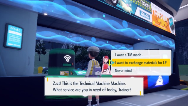 A Pokémon Scarlet and Violet screenshot of the player speaking to the TM Machine. The option to "Exchange materials for LP" is highlighted.
