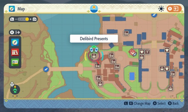 A map showing one of the locations of Delibird Presents in Mesagoza in Pokémon Scarlet and Violet.