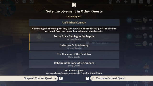 Genshin Impact Suspend Quests Menu