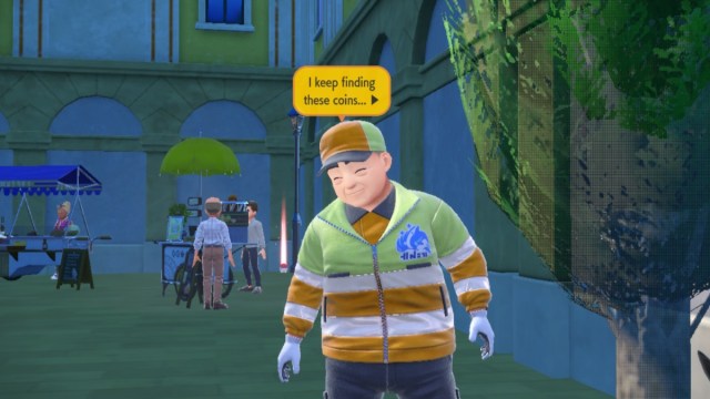 Screenshot of the Gimmighoul Coin Man in Pokemon Scarlet and Violet.