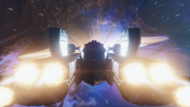 A screenshot of a spaceship grav jumping in Starfield.