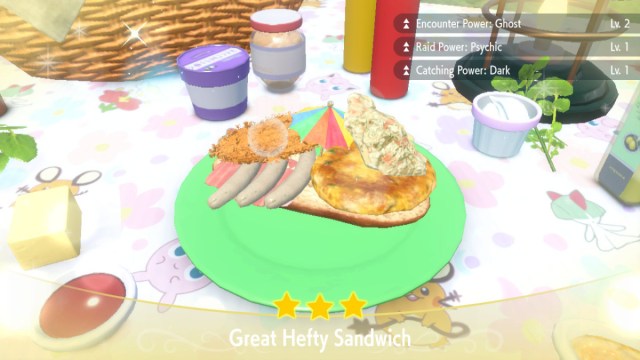 A screenshot of a Great Hefty Sandwich with no top bun in Pokémon Scarlet and Violet.