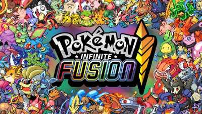 The logo for the fan game Pokemon Infinite Fusion surrounded by fan-made Pokemon fusion sprites.