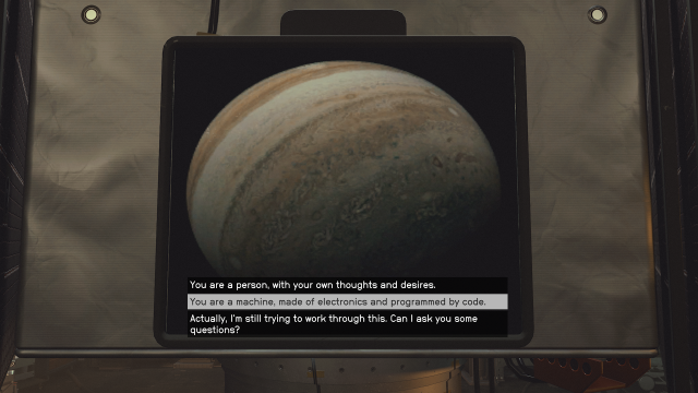 Photo of the planet Jupiter in Starfield with dialogue options. 