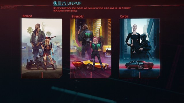 Cyberpunk 2077 screenshot of V's Lifepath choice menu screen.