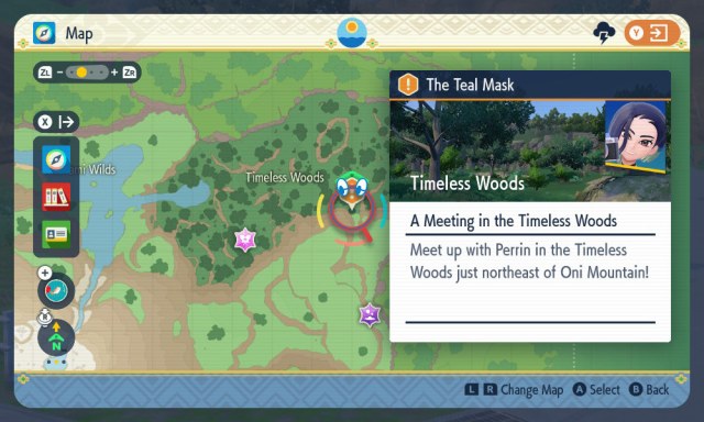 The map location for the "A Meeting in the Timeless Woods" subquest in Pokémon Scarlet and Violet: The Teal Mask.
