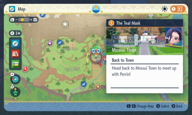 A screenshot of the map location of the final destination for the Bloodmoon Ursaluna subquest in Pokémon Scarlet and Violet: The Teal Mask.