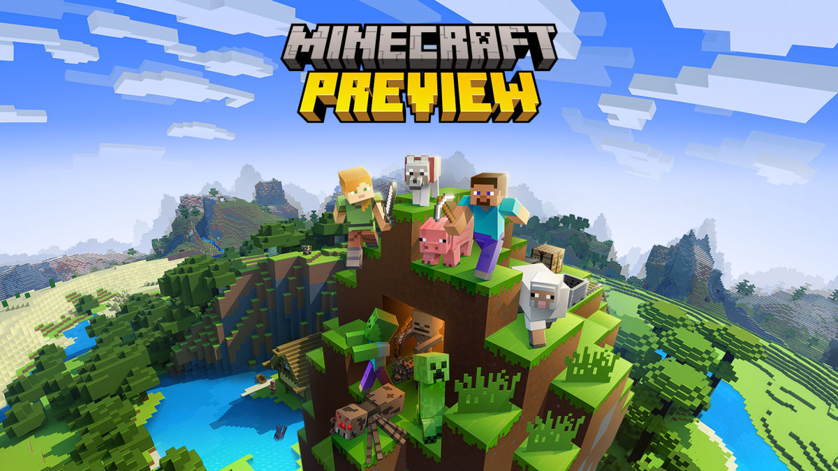 An image of Minecraft characters and animals with the "Minecraft Preview" logo above them.