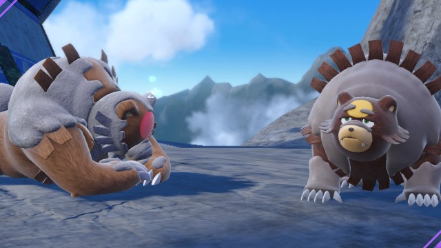 A Pokémon Scarlet and Violet screenshot of regular and Bloodmoon Ursaluna in a picnic.