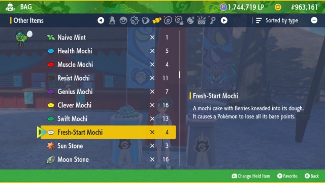 A screenshot of the Mochi items in the player's bag menu in Pokémon Scarlet and Violet: The Teal Mask.