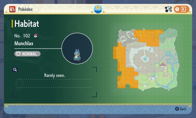 A screenshot of Munchlax's locations in Pokémon Scarlet and Violet: The Teal Mask.