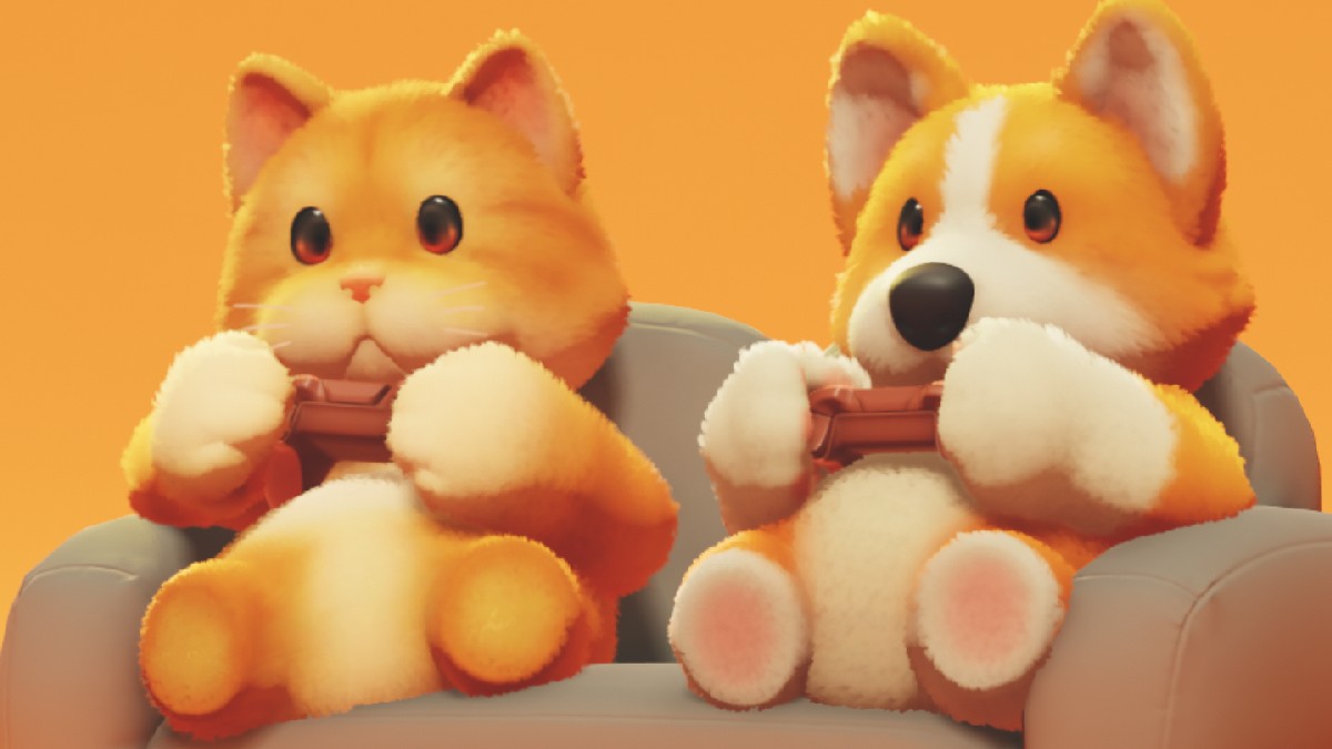 Orange cat and Corgi sitting on Couch, Party Animals Main Menu