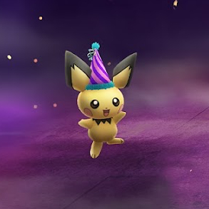 A picture of Pichu in a party hat in Pokémon GO.