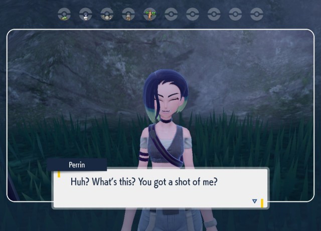 A screenshot of unique dialogue when taking a photo of Perrin in Pokémon Scarlet & Violet: The Teal Mask subquest for Bloodmoon Ursaluna.