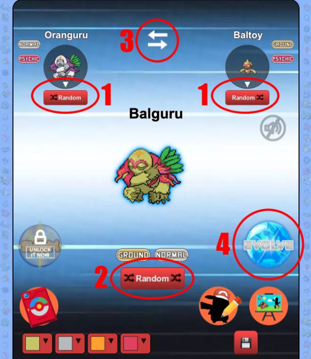 A screenshot of a Pokémon fusion in Pokémon Fusion Generator 2. The basic command buttons are circled in red and numbered.