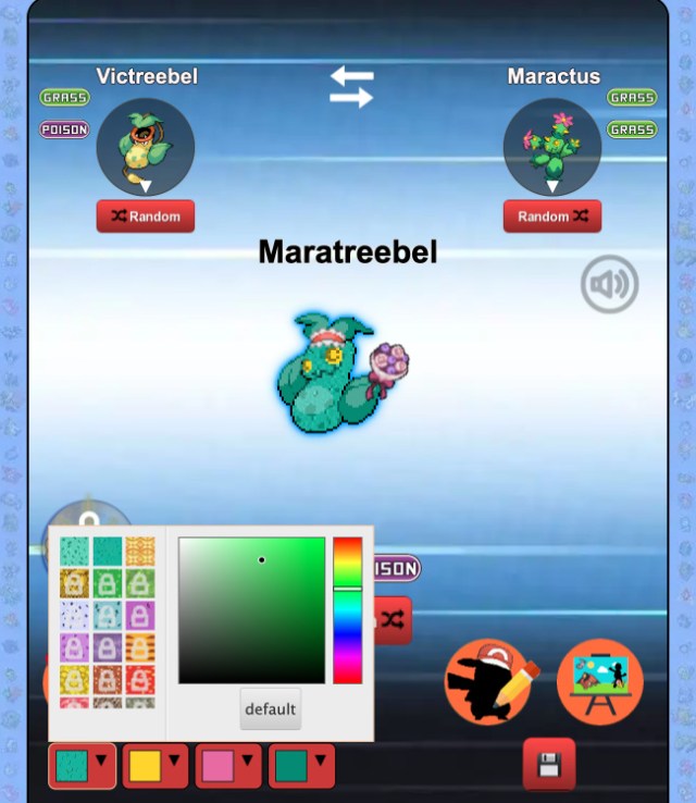 A Pokémon Fusion Generator 2 screenshot of changing a Pokémon fusion's colors.