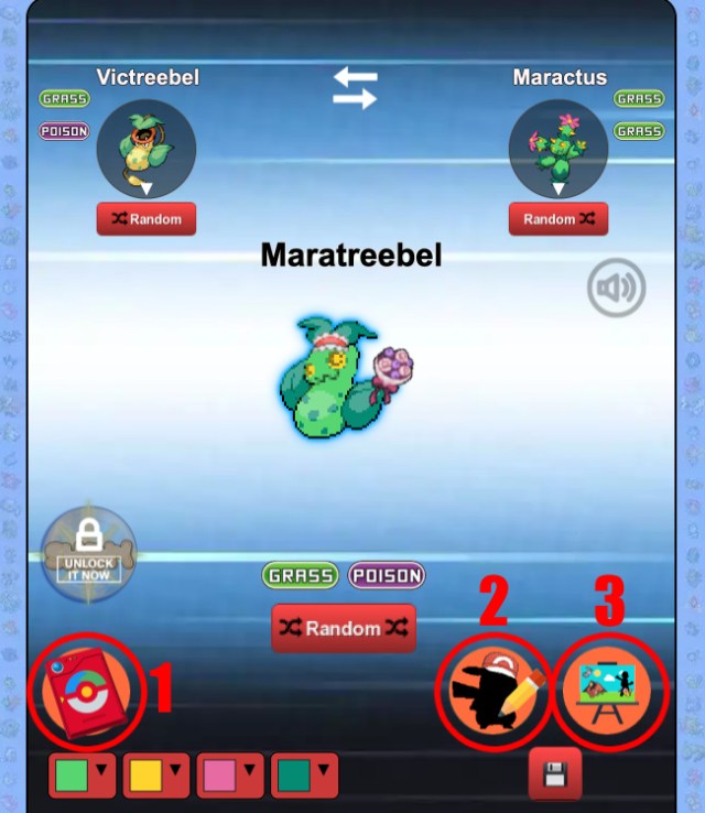 A Pokémon Fusion Generator 2 screenshot with the customization-related buttons circled in red and numbered.