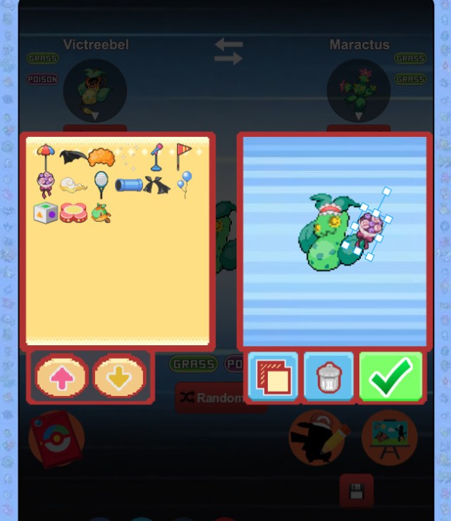 A Pokémon Fusion Generator 2 screenshot of a Pokémon fusion getting dressed up in accessories.