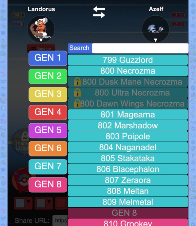 A screenshot of the Pokémon selection menu in Pokémon Fusion Generator 2.