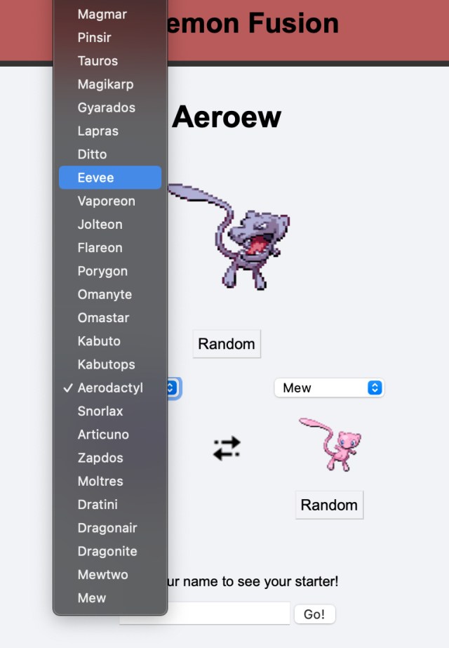 A Pokemon Fusion screenshot with the Pokémon selection drop-down menu displayed.