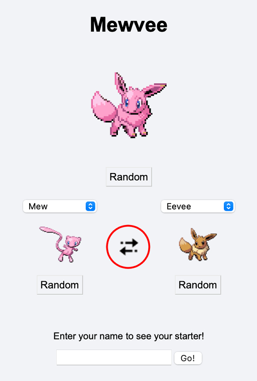 A Pokemon Fusion screenshot with the button to swap Pokémon circled in red.