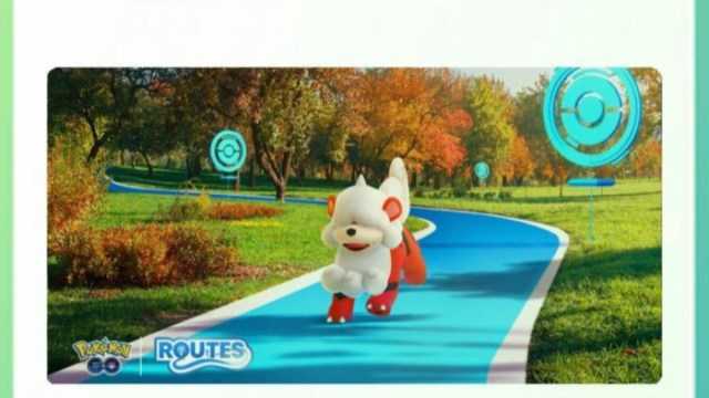 Screenshot of Hisuian Growlithe running along a path in Pokemon GO Tails of Adventure advert.