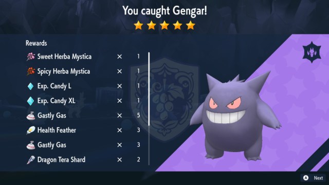 A screenshot of the raid results screen in Pokémon Scarlet and Violet, including Gengar and two different Herba Mystica items.