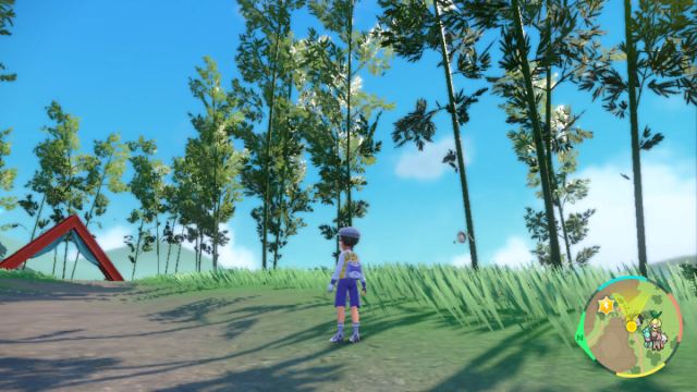 A Pokémon Scarlet & Violet: The Teal Mask screenshot of the player in a bamboo grove with a Poltchageist nearby.