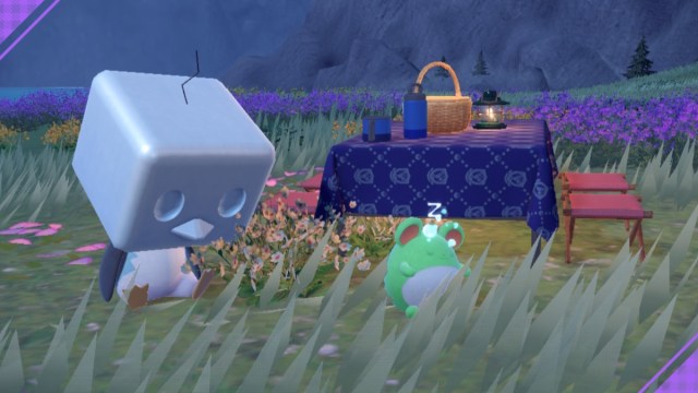 Eiscue and shiny Marill sleeping at a picnic in Pokemon Violet