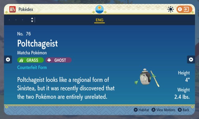 A screenshot of Poltchageist Counterfeit Form's Pokédex entry in Pokémon Scarlet and Violet: The Teal Mask.