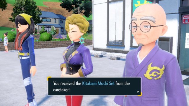 A Pokémon Scarlet & Violet: The Teal Mask screenshot of the caretaker giving the player a Kitakami Mochi Set.