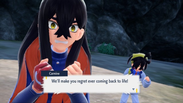 A Pokémon Scarlet and Violet: The Teal Mask screenshot of rivals Carmine and Kieran. Carmine is speaking to Pokémon off-screen. Her dialog reads, "We'll make you regret ever coming back to life!"