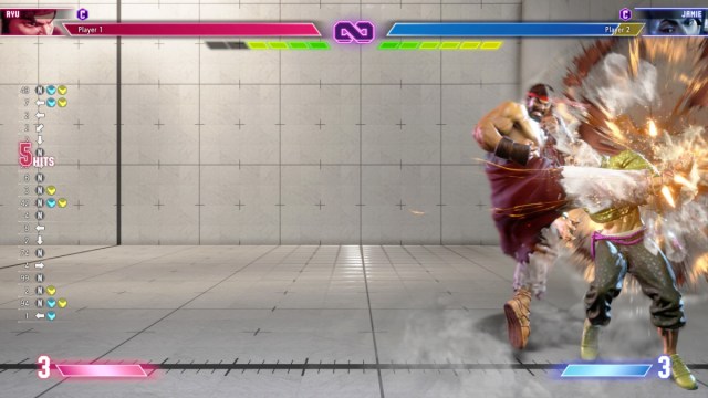 A screenshot of Ryu attacking Jamie into a corner in Street Fighter 6.