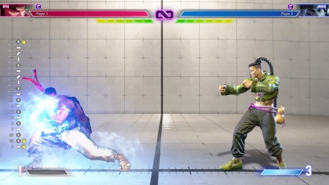 A screenshot of Ryu delaying his Level 2 Super move against Jamie in Street Fighter 6.